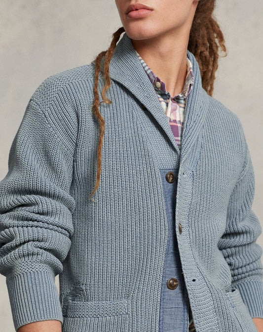 Distressed Indigo Cotton Shawl Cardigan